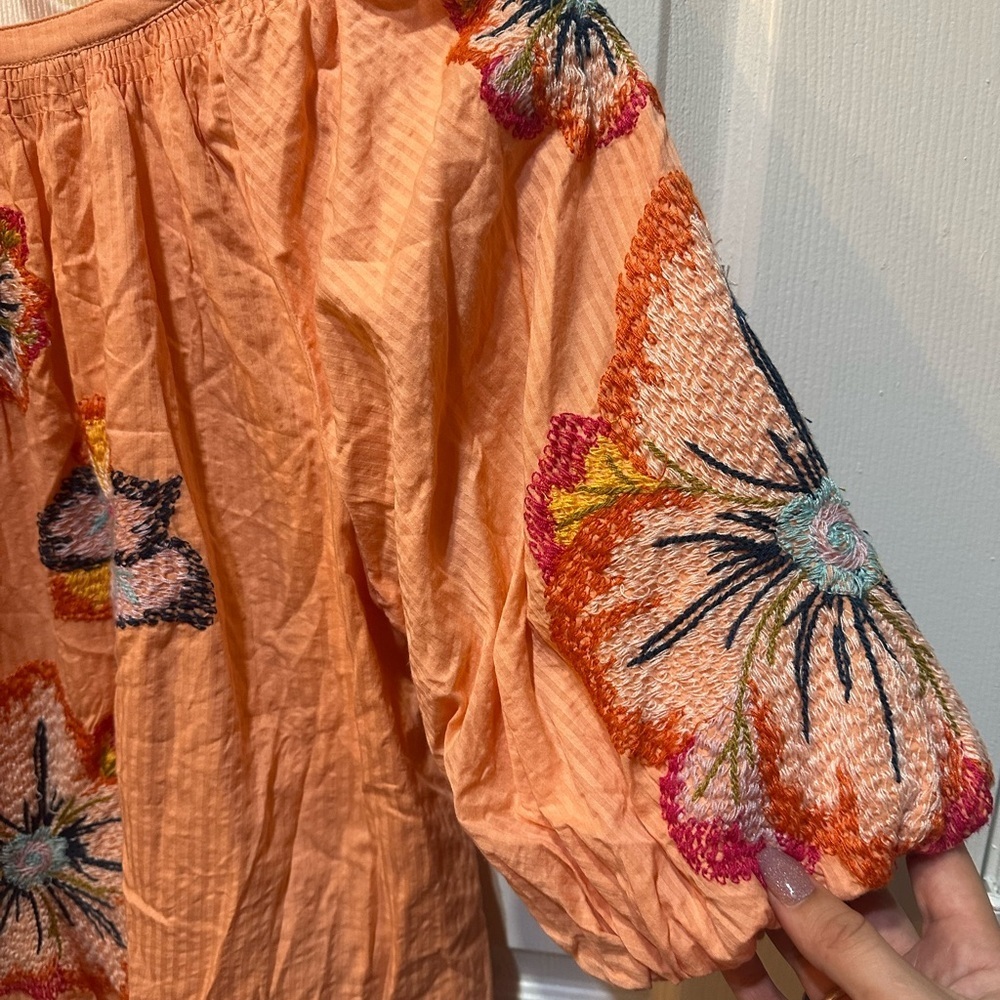 Maeve Anthropologie Peach Floral Embroidered Puff Sleeve Top Size XS - Picture 9 of 9